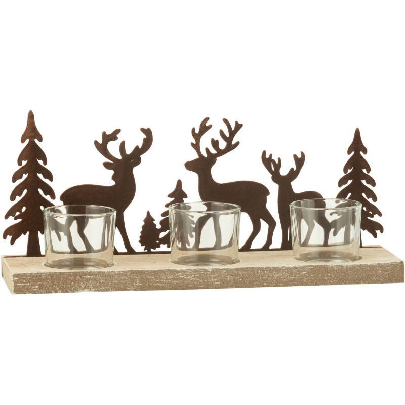 Photophore de noël 3 bougies Cerfs et Sapins 28 cm en Métal Marron Bois Naturel Bellona - 3