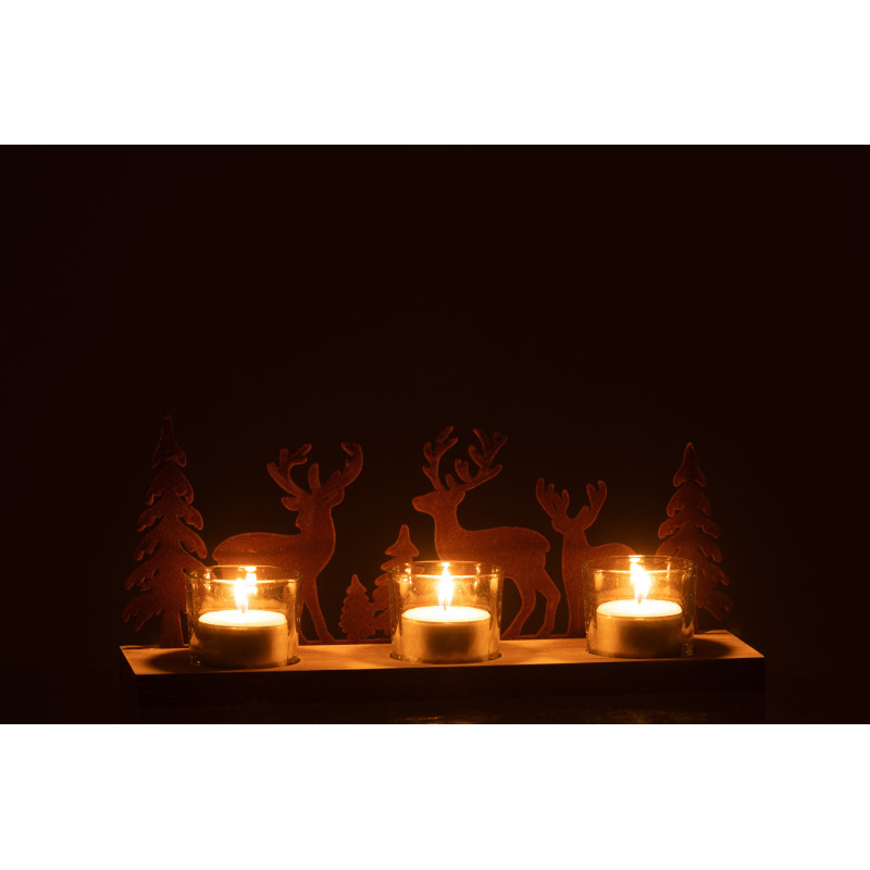 Photophore de noël 3 bougies Cerfs et Sapins 28 cm en Métal Marron Bois Naturel Bellona - 4