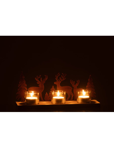 Photophore de noël 3 bougies Cerfs et Sapins 28 cm en Métal Marron Bois Naturel Bellona - 4