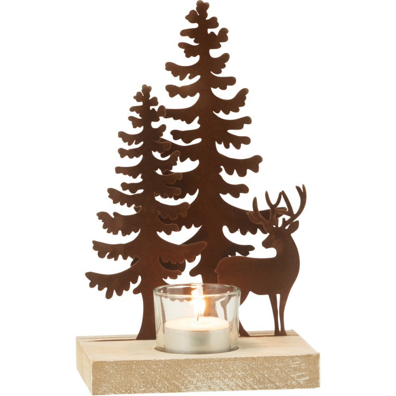 Photophore de noël 1 bougie Cerf et Sapins Hauteur 22 cm en Métal Marron Bois Naturel Bellona - 1