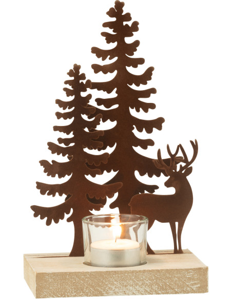 Photophore de noël 1 bougie Cerf et Sapins Hauteur 22 cm en Métal Marron Bois Naturel Bellona - 1