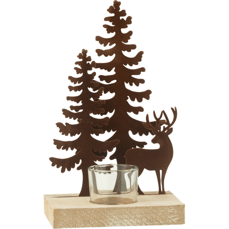 Photophore de noël 1 bougie Cerf et Sapins Hauteur 22 cm en Métal Marron Bois Naturel Bellona - 2