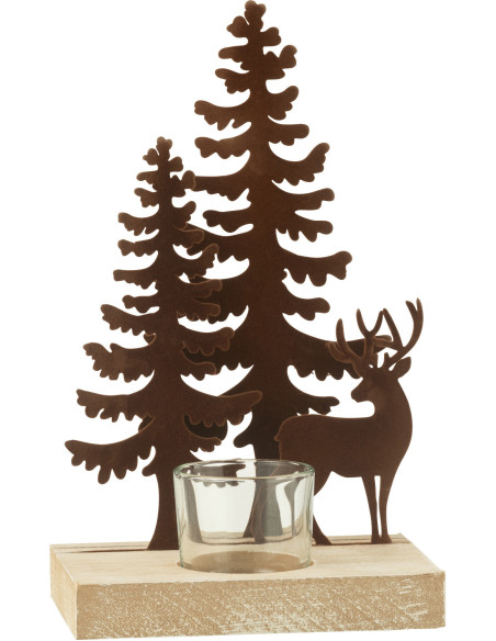 Photophore de noël 1 bougie Cerf et Sapins Hauteur 22 cm en Métal Marron Bois Naturel Bellona - 2