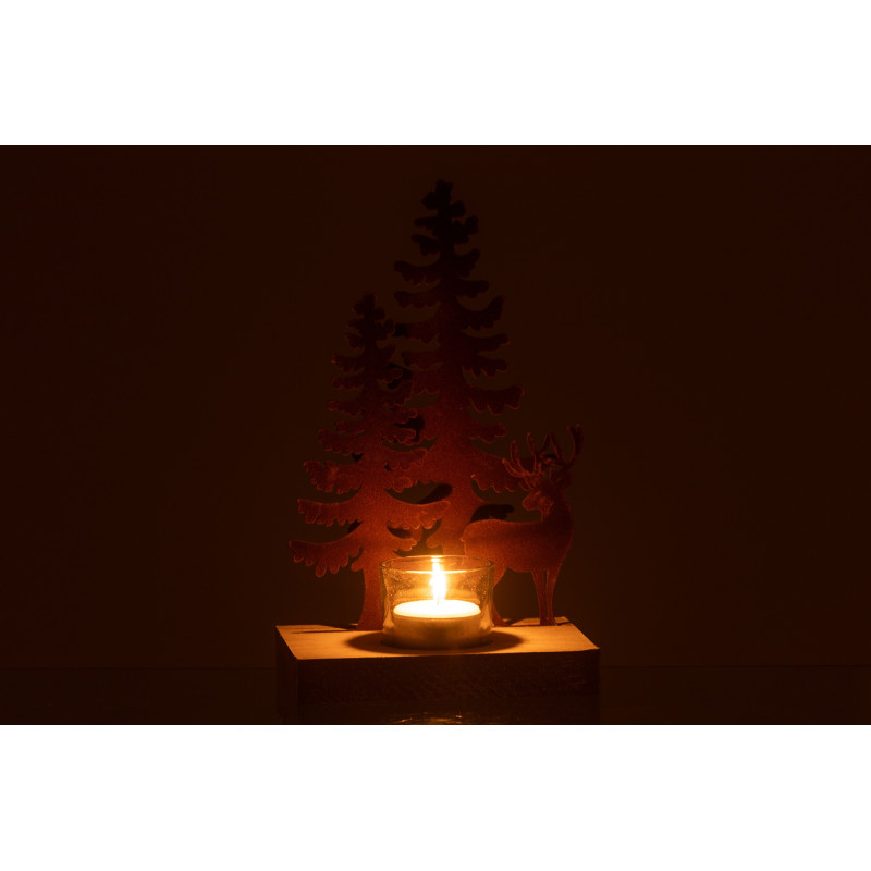 Photophore de noël 1 bougie Cerf et Sapins Hauteur 22 cm en Métal Marron Bois Naturel Bellona - 3