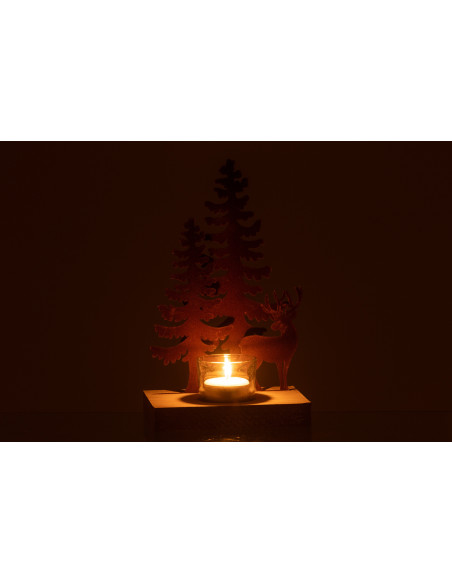 Photophore de noël 1 bougie Cerf et Sapins Hauteur 22 cm en Métal Marron Bois Naturel Bellona - 3