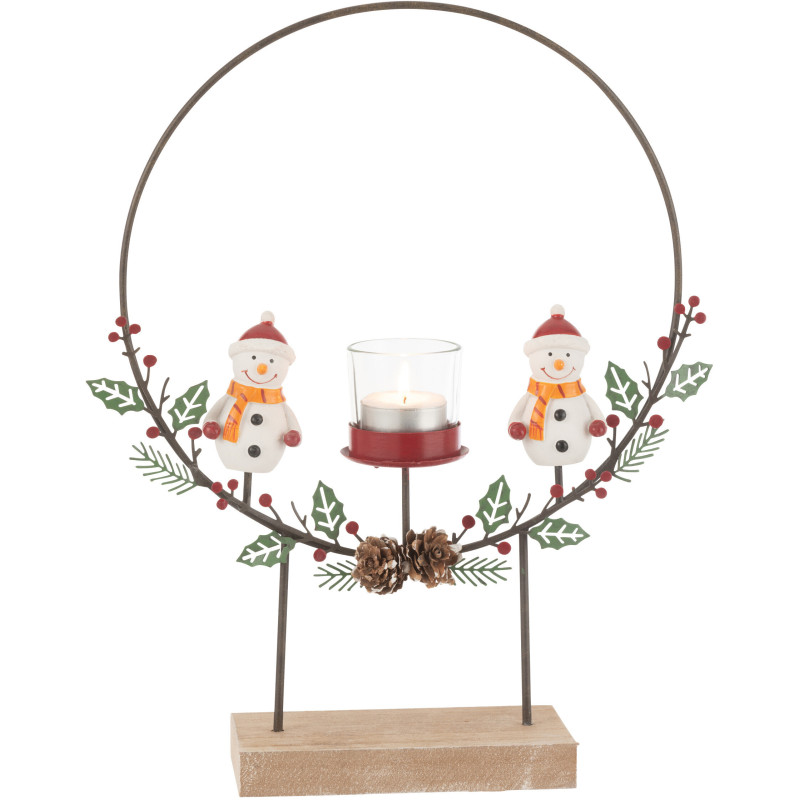 Photophore original sur pied Bonhommes de neige Hauteur 28 cm en Métal Noir Bois Naturel Elowen - 1