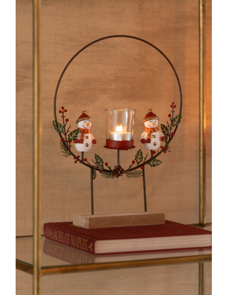 Photophore original sur pied Bonhommes de neige Hauteur 28 cm en Métal Noir Bois Naturel Elowen - 2