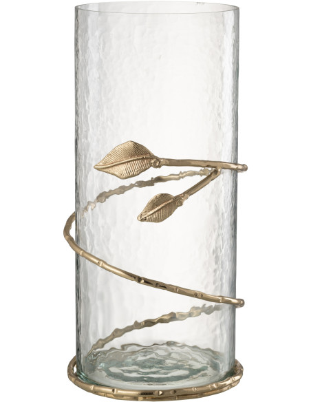 Vase moderne Cylindrique Hauteur 40 cm en Verre Transparent Métal Doré Motif feuille Koryn - 1