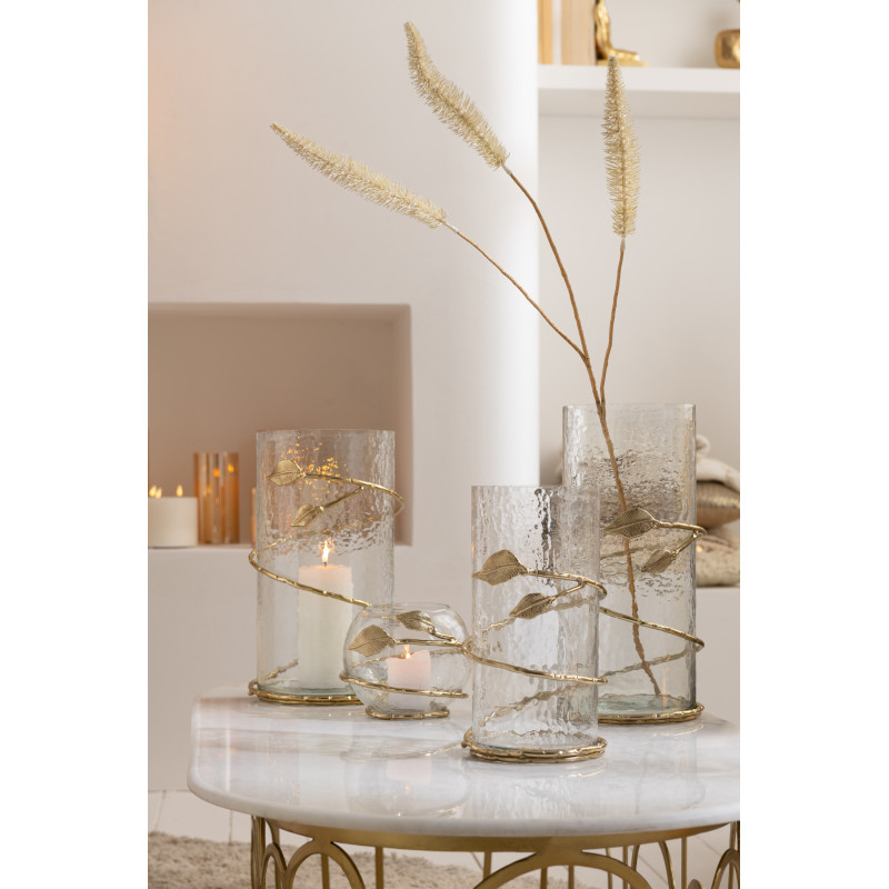 Vase moderne Cylindrique Hauteur 40 cm en Verre Transparent Métal Doré Motif feuille Koryn - 2