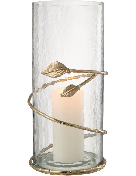 Vase moderne Cylindrique Hauteur 40 cm en Verre Transparent Métal Doré Motif feuille Koryn - 3