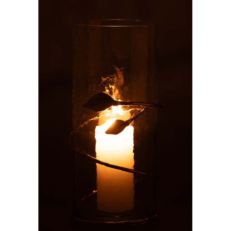 Vase moderne Cylindrique Hauteur 40 cm en Verre Transparent Métal Doré Motif feuille Koryn - 4