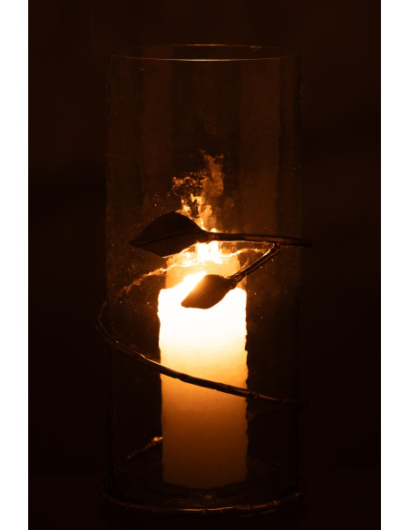 Vase moderne Cylindrique Hauteur 40 cm en Verre Transparent Métal Doré Motif feuille Koryn - 4