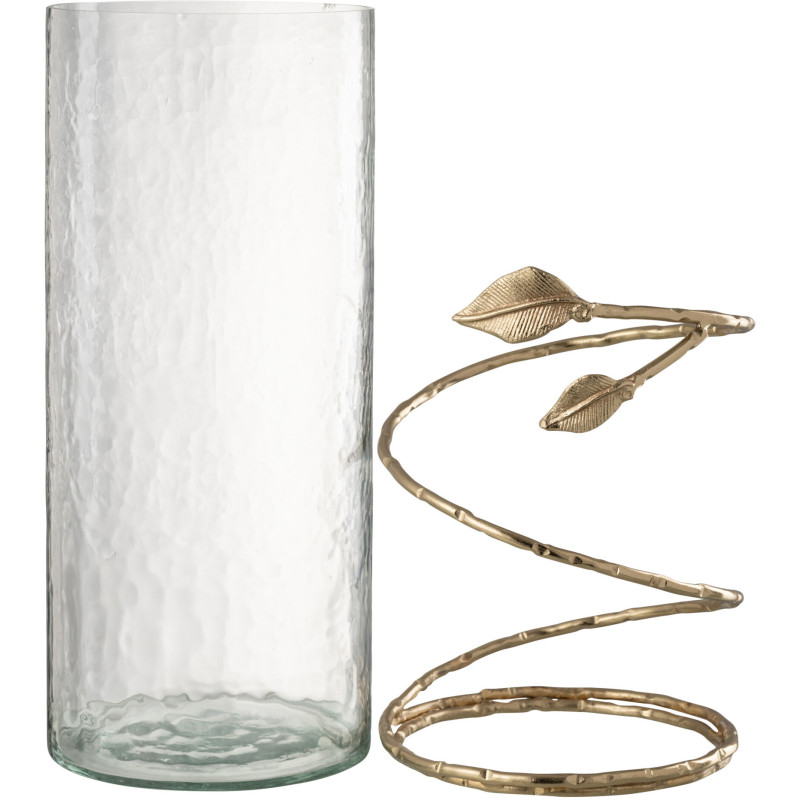 Vase moderne Cylindrique Hauteur 40 cm en Verre Transparent Métal Doré Motif feuille Koryn - 5