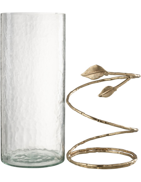 Vase moderne Cylindrique Hauteur 40 cm en Verre Transparent Métal Doré Motif feuille Koryn - 5
