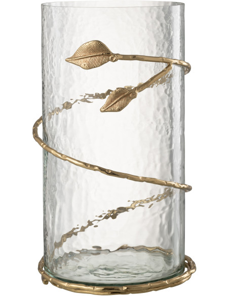 Vase moderne Cylindrique Hauteur 34 cm en Verre Transparent Métal Doré Motif feuille Koryn - 1