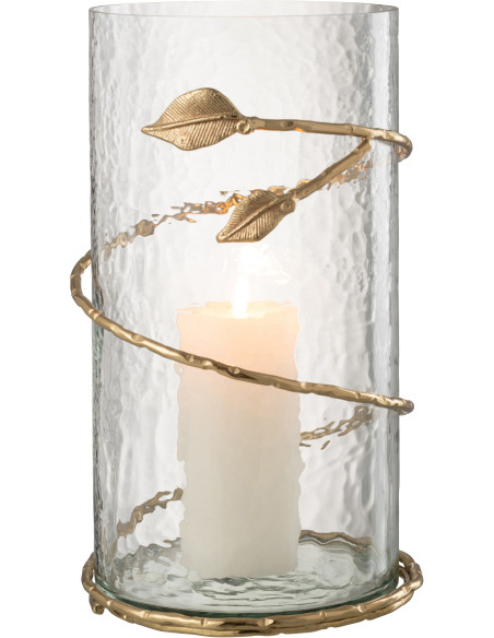 Vase moderne Cylindrique Hauteur 34 cm en Verre Transparent Métal Doré Motif feuille Koryn - 3