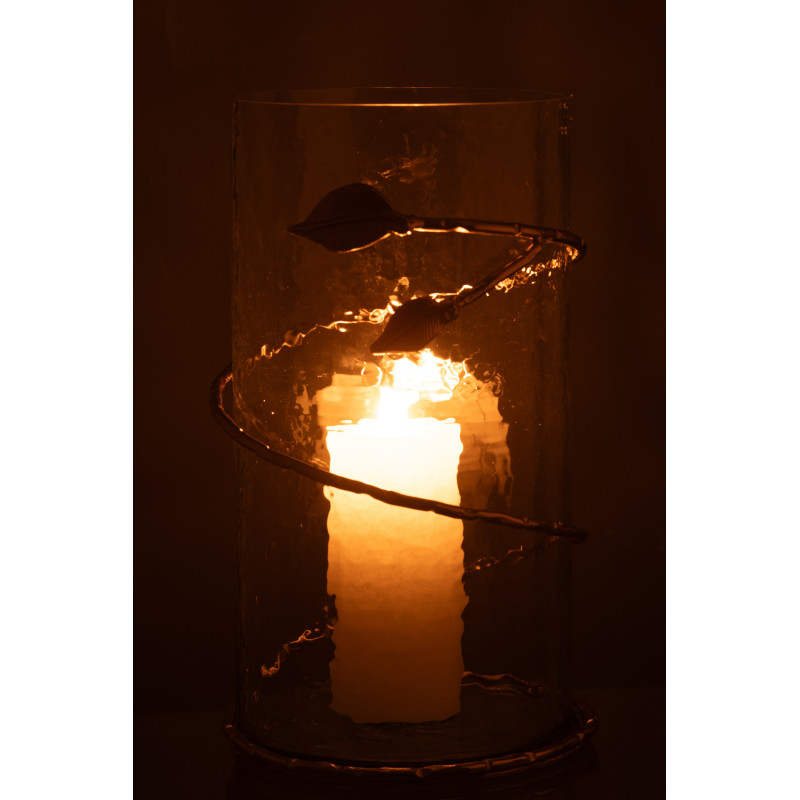 Vase moderne Cylindrique Hauteur 34 cm en Verre Transparent Métal Doré Motif feuille Koryn - 4