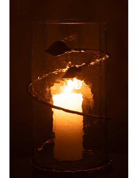 Vase moderne Cylindrique Hauteur 34 cm en Verre Transparent Métal Doré Motif feuille Koryn - 4