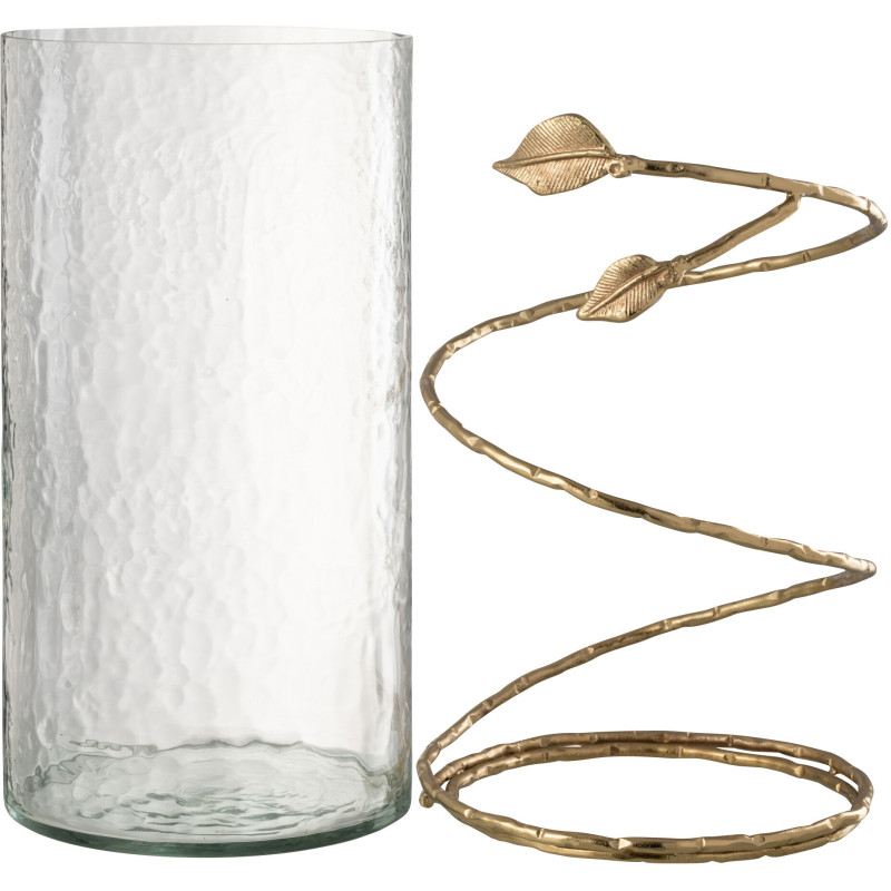 Vase moderne Cylindrique Hauteur 34 cm en Verre Transparent Métal Doré Motif feuille Koryn - 5