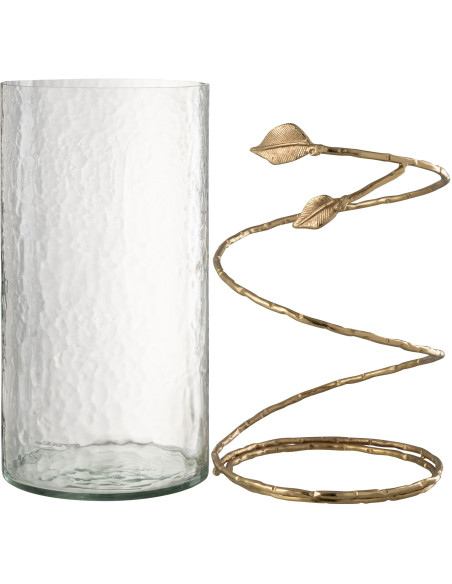 Vase moderne Cylindrique Hauteur 34 cm en Verre Transparent Métal Doré Motif feuille Koryn - 5