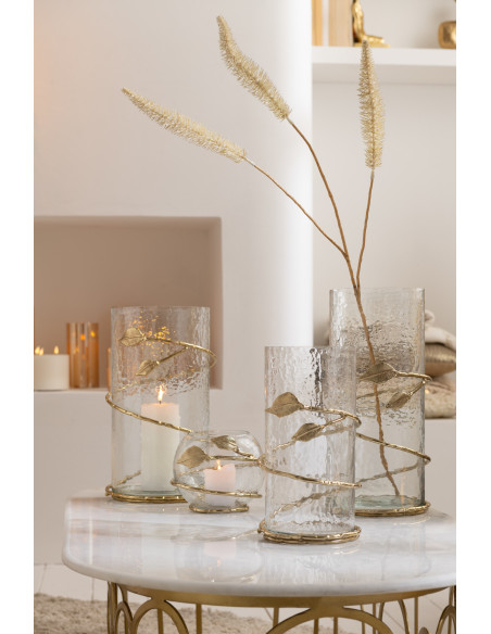 Vase moderne Cylindrique Hauteur 34 cm en Verre Transparent Métal Doré Motif feuille Koryn - 6