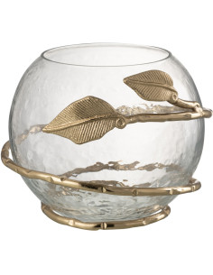 Photophore original boule Diamètre 10 cm en Verre Transparent Métal Doré Motif feuille Koryn - 1