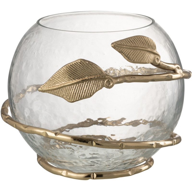 Photophore original boule Diamètre 10 cm en Verre Transparent Métal Doré Motif feuille Koryn - 1