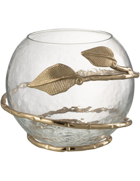 Photophore original boule Diamètre 10 cm en Verre Transparent Métal Doré Motif feuille Koryn - 1