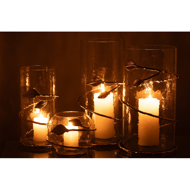 Photophore original boule Diamètre 10 cm en Verre Transparent Métal Doré Motif feuille Koryn - 8