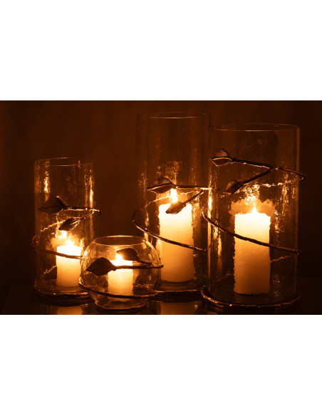 Photophore original boule Diamètre 10 cm en Verre Transparent Métal Doré Motif feuille Koryn - 8