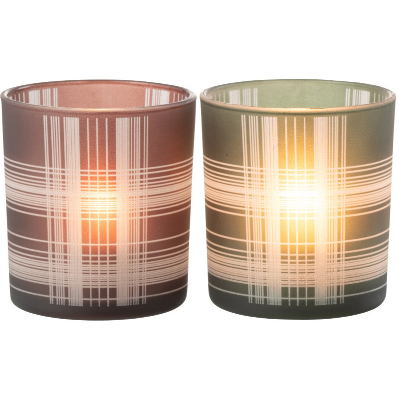 Photophore moderne Diamètre 7 cm en Verre Marron Vert Motif carreaux Harvik (Lot de 2) - 1