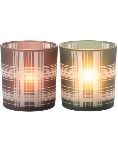 Photophore moderne Diamètre 7 cm en Verre Marron Vert Motif carreaux Harvik (Lot de 2) - 1