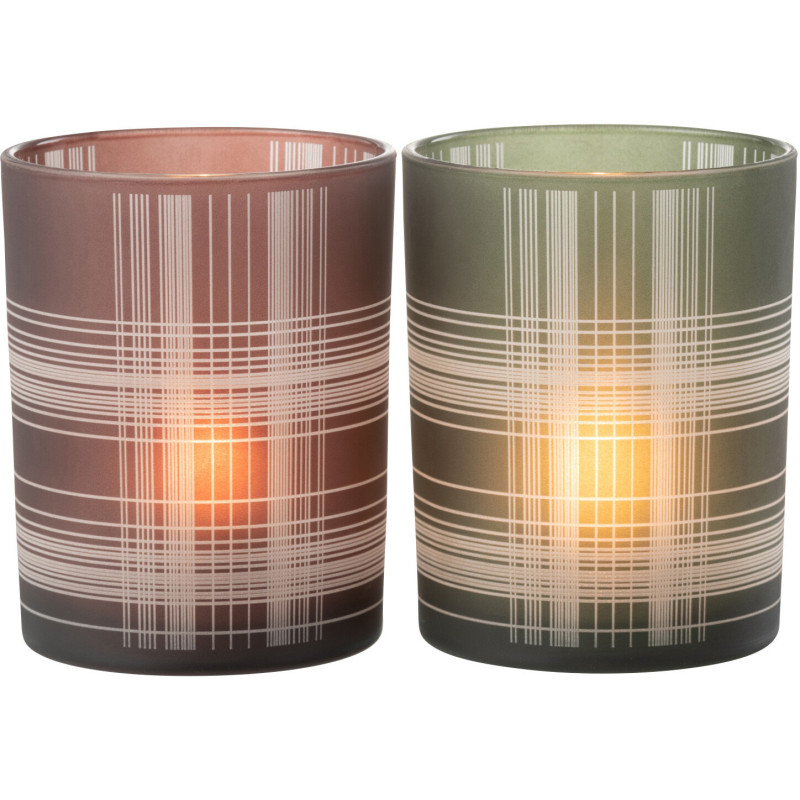 Photophore moderne Diamètre 10 cm en Verre Marron Vert Motif carreaux Harvik (Lot de 2) - 1