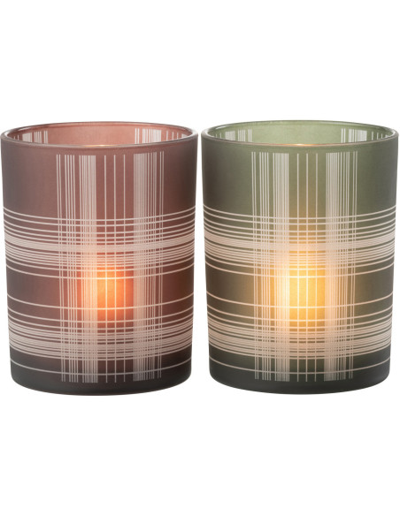 Photophore moderne Diamètre 10 cm en Verre Marron Vert Motif carreaux Harvik (Lot de 2) - 1