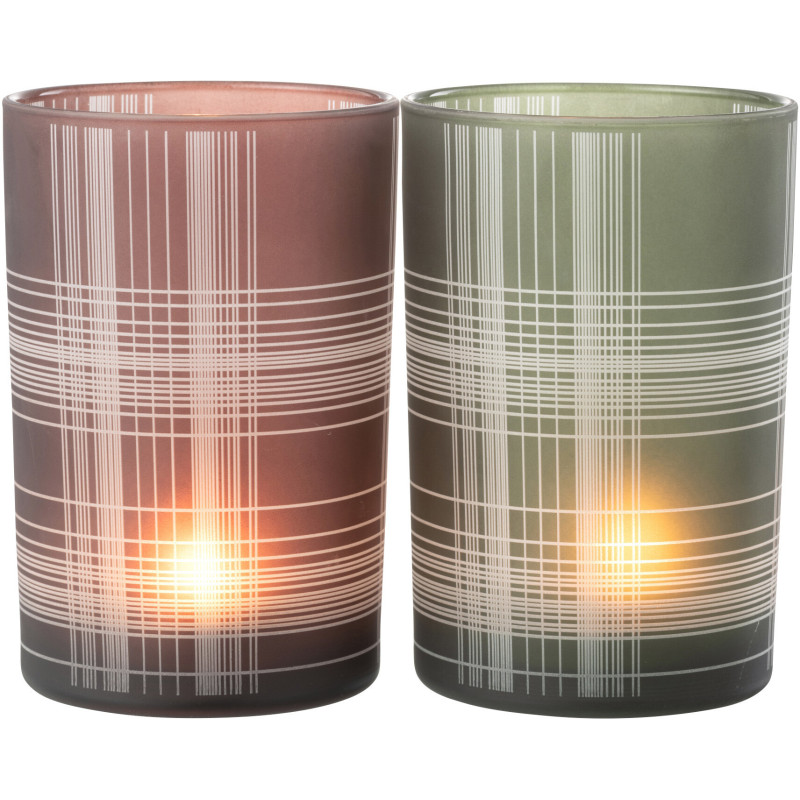 Photophore moderne Diamètre 12 cm en Verre Marron Vert Motif carreaux Harvik (Lot de 2) - 1
