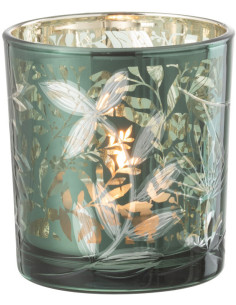 Photophore moderne Diamètre 7 cm en Verre Vert Motif feuilles Covin - 1