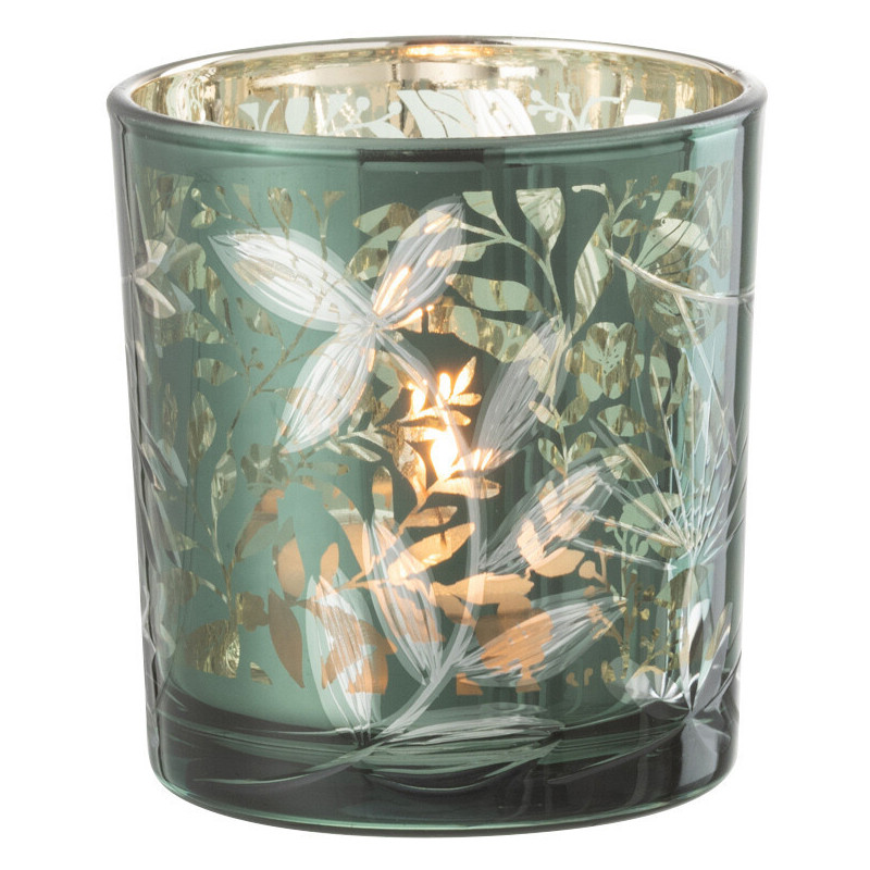 Photophore moderne Diamètre 7 cm en Verre Vert Motif feuilles Covin - 1