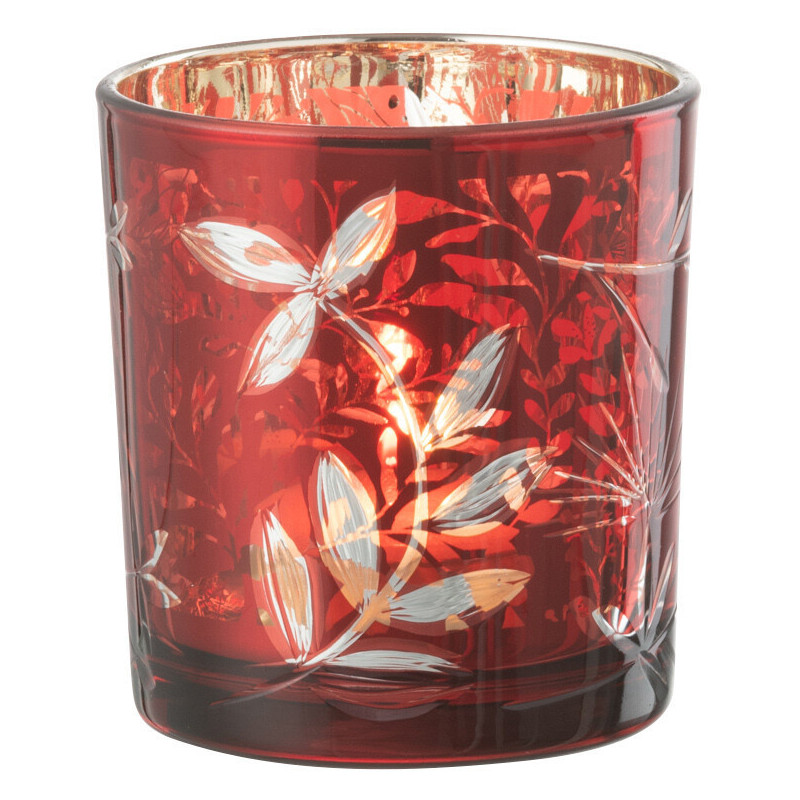 Photophore moderne Diamètre 7 cm en Verre Rouge Motif feuilles Covin - 1