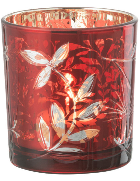 Photophore moderne Diamètre 7 cm en Verre Rouge Motif feuilles Covin - 1