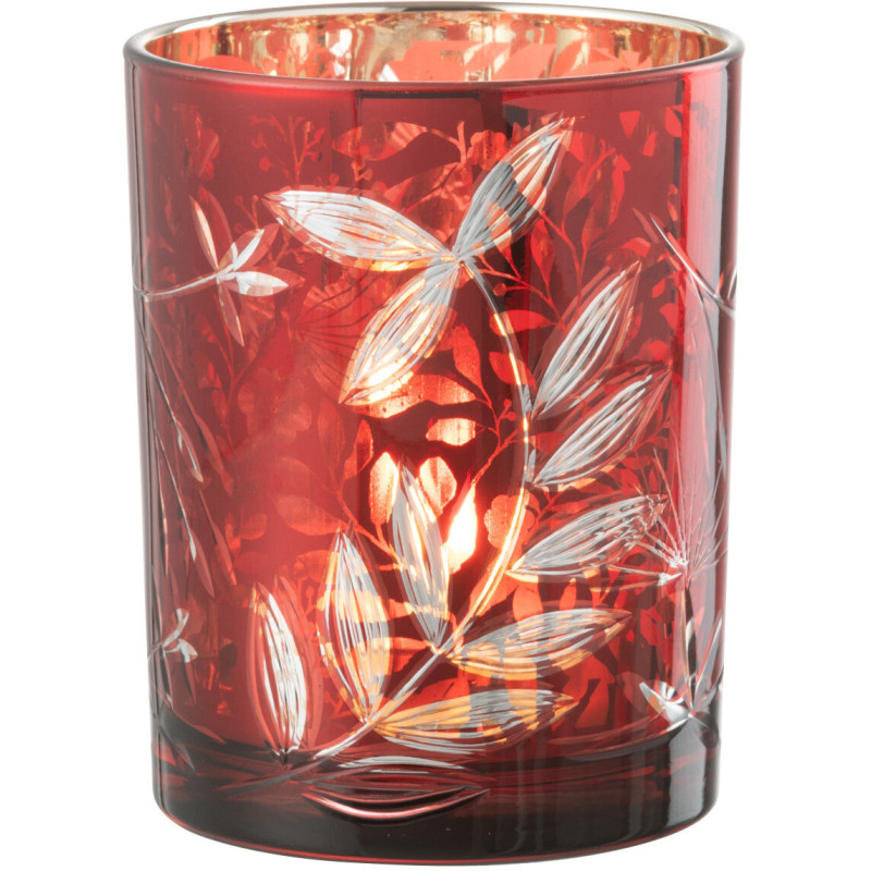 Photophore moderne Diamètre 10 cm en Verre Rouge Motif feuilles Covin - 1