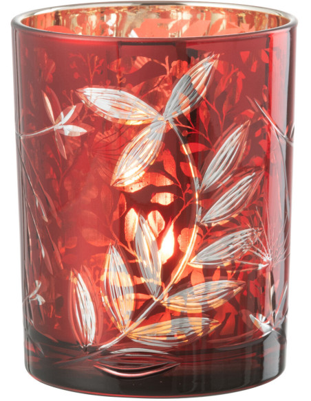 Photophore moderne Diamètre 10 cm en Verre Rouge Motif feuilles Covin - 1