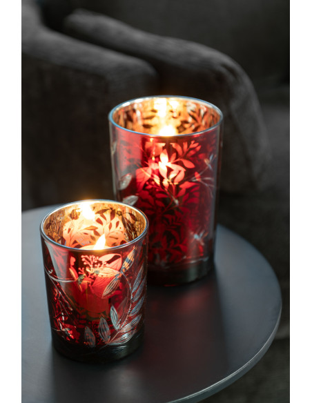 Photophore moderne Diamètre 10 cm en Verre Rouge Motif feuilles Covin - 2