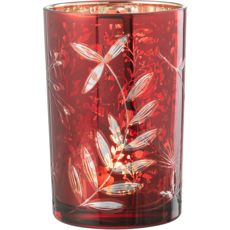 Photophore moderne Diamètre 12 cm en Verre Rouge Motif feuilles Covin - 1