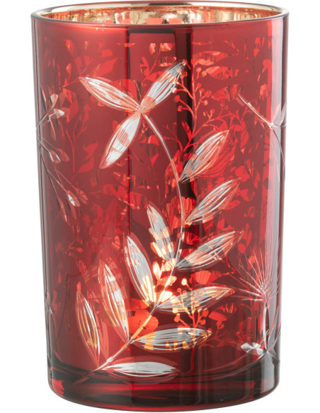 Photophore moderne Diamètre 12 cm en Verre Rouge Motif feuilles Covin - 1