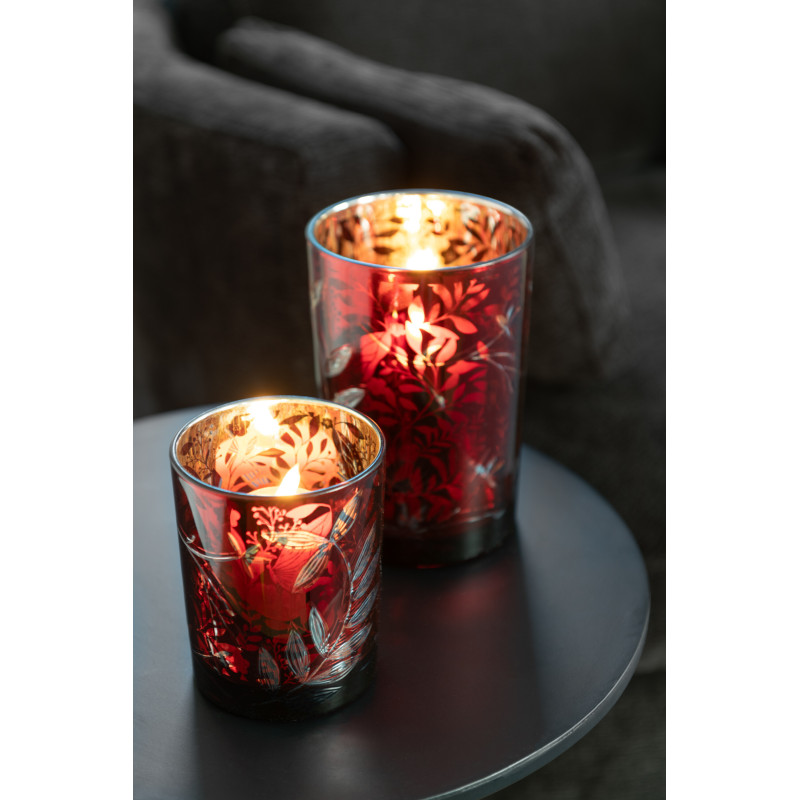 Photophore moderne Diamètre 12 cm en Verre Rouge Motif feuilles Covin - 2