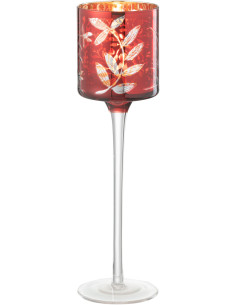 Photophore moderne sur pied Hauteur 25 cm en Verre Rouge Motif feuilles Covin - 1