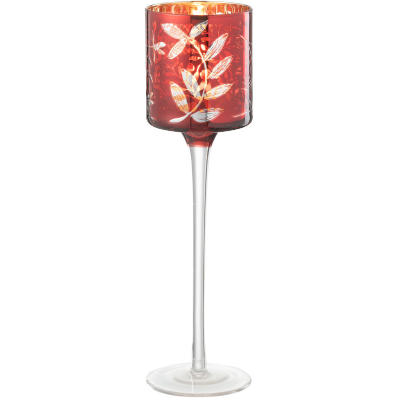 Photophore moderne sur pied Hauteur 25 cm en Verre Rouge Motif feuilles Covin - 1