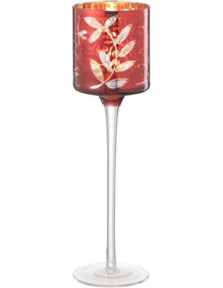 Photophore moderne sur pied Hauteur 25 cm en Verre Rouge Motif feuilles Covin - 1