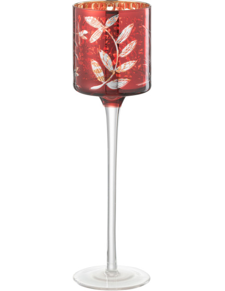 Photophore moderne sur pied Hauteur 25 cm en Verre Rouge Motif feuilles Covin - 2