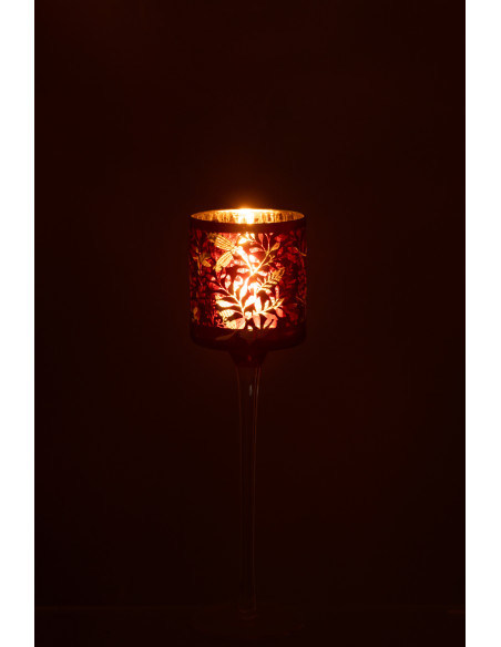 Photophore moderne sur pied Hauteur 25 cm en Verre Rouge Motif feuilles Covin - 3